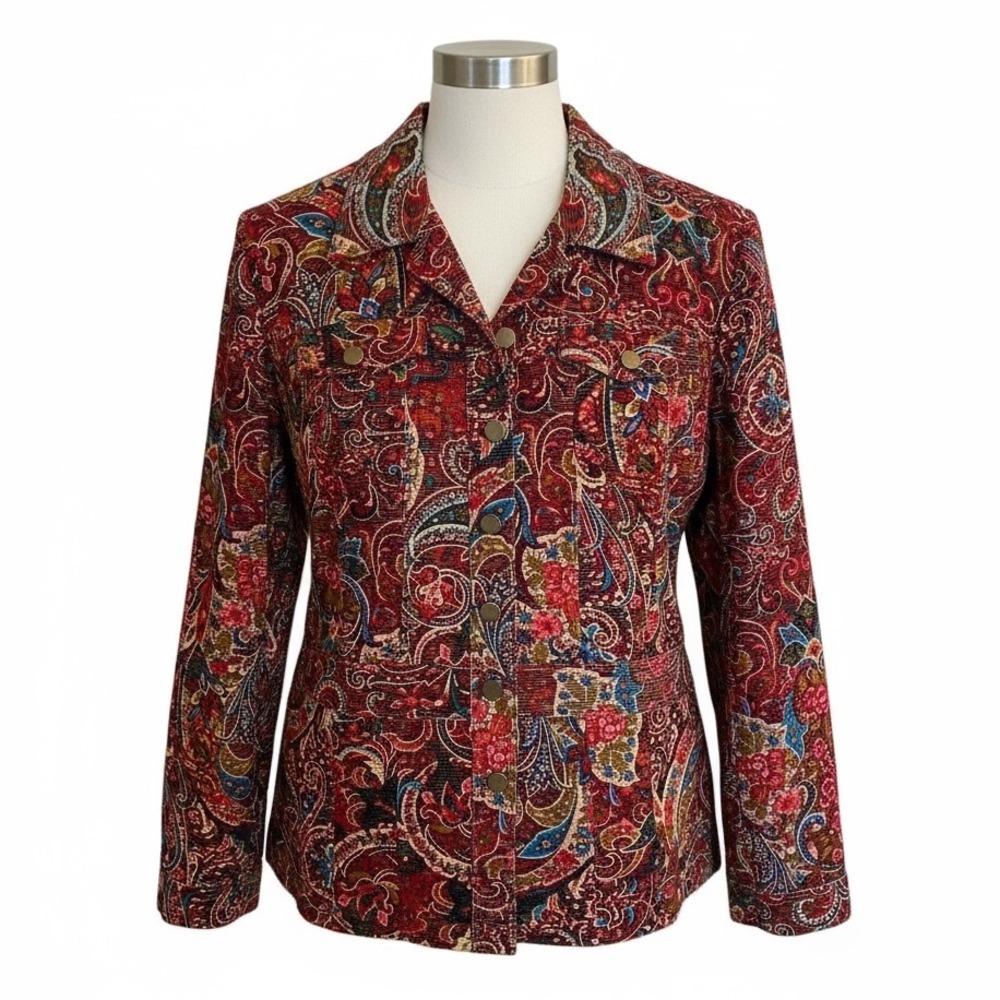 Coldwater Creek Paisley Print Corduroy Blazer Jacket Burgundy Blue Multi Size L - Picture 1 of 9
